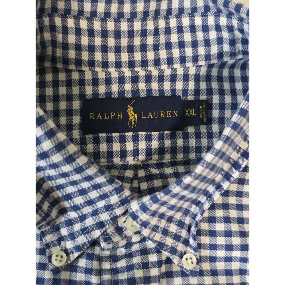 Ralph Lauren Mens XXL Blue White Gingham Check Button Down Shirt Brown Pony - Picture 6 of 8